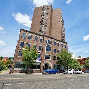 Street view of Irvine Park Towers high-rise apartment building in St. Paul