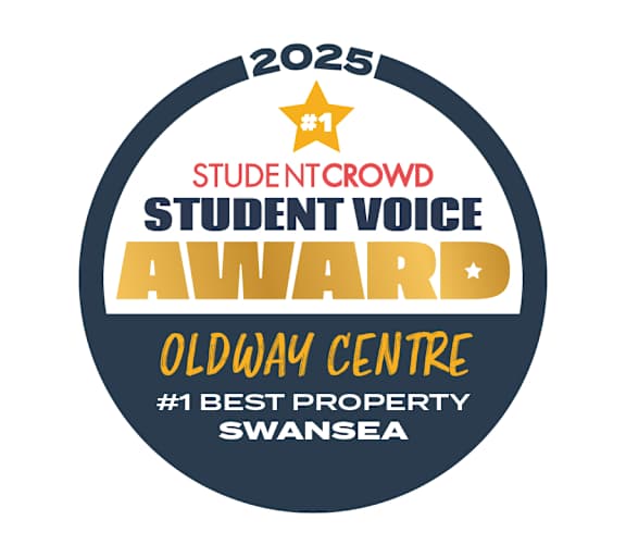 A circular logo with the text "2025 STUDENT CROWD STUDENT VOICE AWARD OLDWAY CENTRE #1 BEST PROPERTY SWANSEA".
