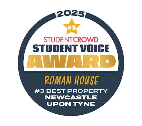 A badge indicating a Roman House as the third best property in Newcastle upon Tyne.