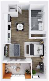 A top down view of a small apartment with a kitchen, living room, and bathroom.