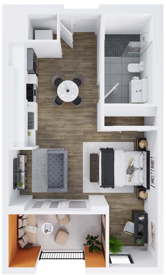 A top down view of a small apartment with a kitchen, living room, and bathroom.