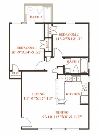 Chestnut floor plan, 2 bedrooms 2 baths, 850 sqaure feet at Britain Way Apartments