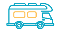A blue neon icon of a camper van.