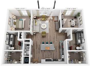 2 Bed 2 Bath Floor Plan | 1,160 Sq. Ft. at Livingston Flats Apartments, Chesterfield, VA, 23832