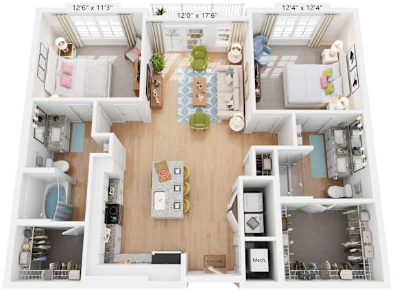 Red Top Floor Plan 2 Bed, 2 Bath 1,108 Sq. Ft. at The Quincy Apartments, GA, 30102