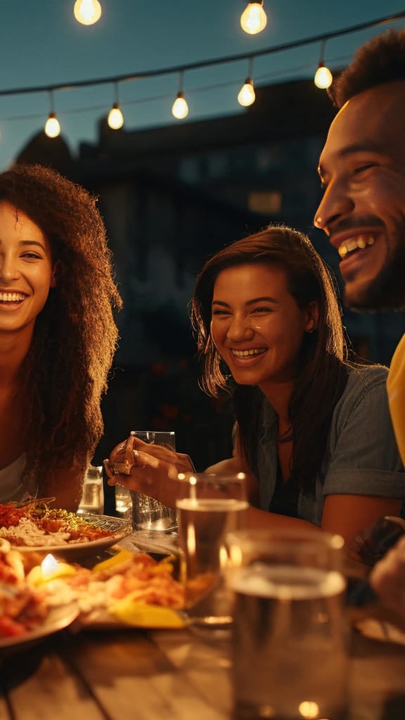 a group of people sitting around a table eating food