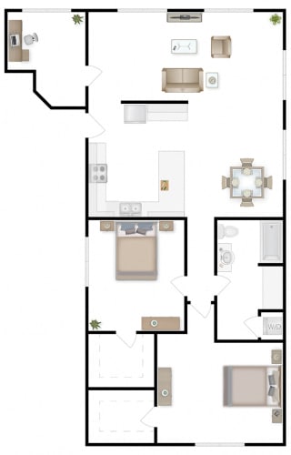 Floor Plan  A floor plan of a 2 bed 2 bath with a den at The Lakes Apartments, Moses Lake Washington