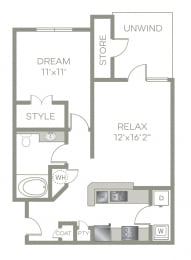 1 Bed, 1 Bath Standard Floor Plan at The Views at Jacks Creek, Snellville, 30039
