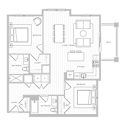 Two-bedroom floor plan image with two full baths, balcony, and combined living-dining space