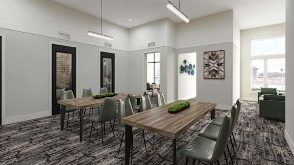 a rendering of a conference room with a wooden table and chairs