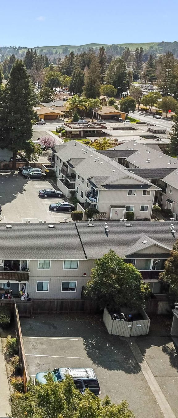 Aerial view of apartments and pool