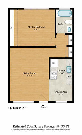 A floor plan of a house with a total estimated square footage of 905.