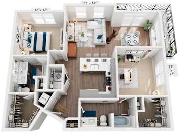 2 Bed 2 Bath Floor Plan | 1,145 Sq. Ft. at One Riverside Apartments, Chattanooga, TN