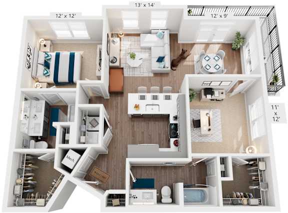 2 Bed 2 Bath Floor Plan | 1,145 Sq. Ft. at One Riverside Apartments, Chattanooga, TN