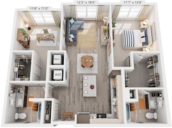 2 Bed 2 Bath Floor Plan | 1,108 Sq. Ft. at Rivergate in Woodbridge, Virginia, 22191