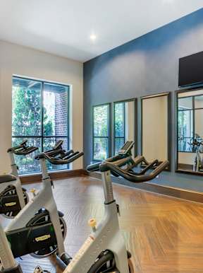 A home gym with a row of exercise bikes and a television.