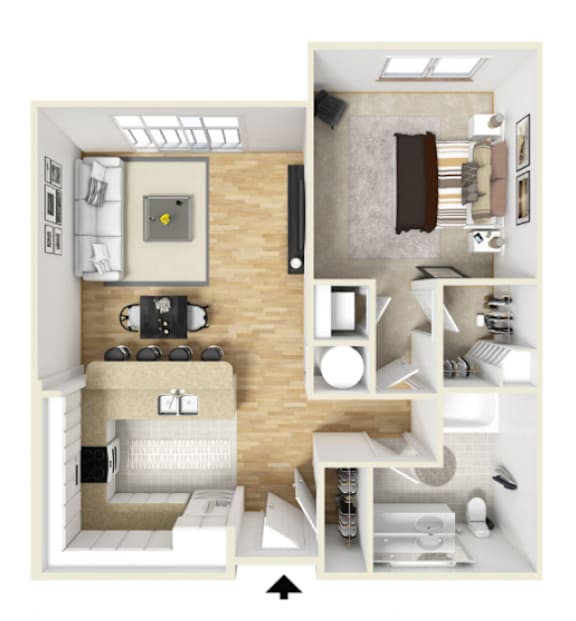 A top-down view of a small apartment with a kitchen, living room, and bathroom.