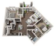 A 3D floor plan of a house with a living room, kitchen, dining room, and two bedrooms.