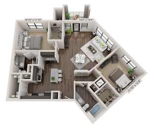 A 3D floor plan of a house with a living room, kitchen, dining room, and two bedrooms.