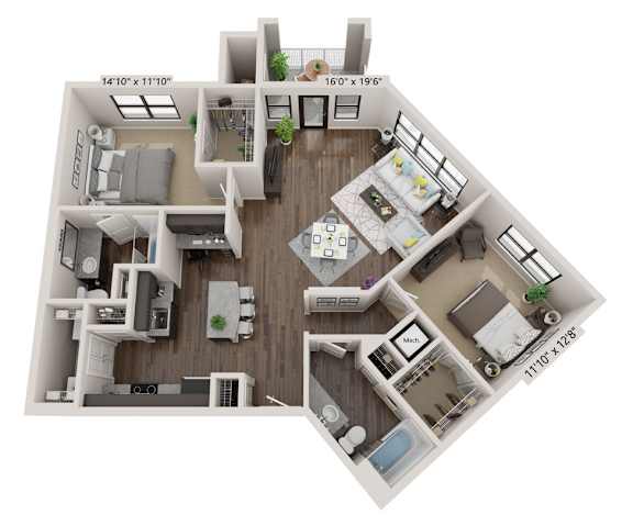 A 3D floor plan of a house with a living room, kitchen, dining room, and two bedrooms.