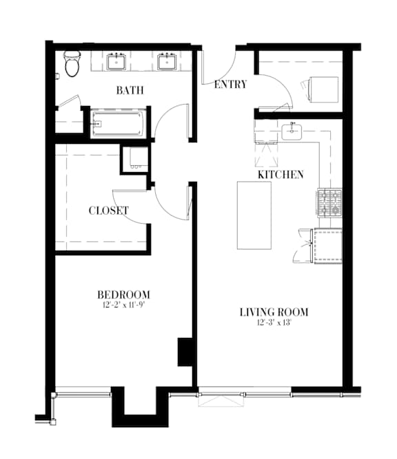 A black and white image of a floor plan for a 1 BR apartment.