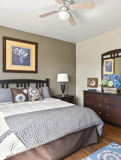 a bedroom with a bed and a dresser