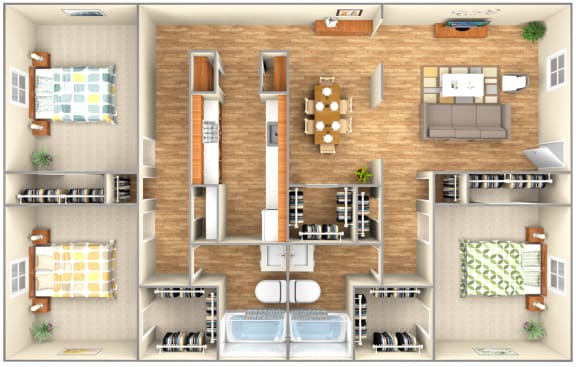3 Bed 2 Bath Floor Plan at Birchwood Apartment Homes, Dallas, 75204