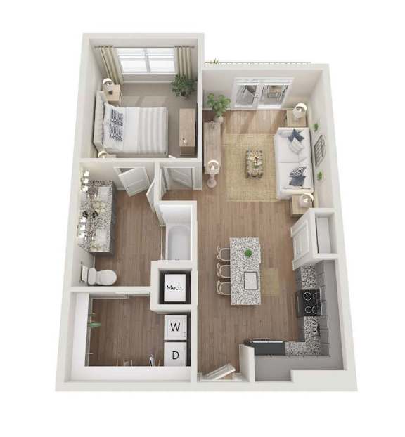 A floor plan of a one bedroom apartment with one bathroom.