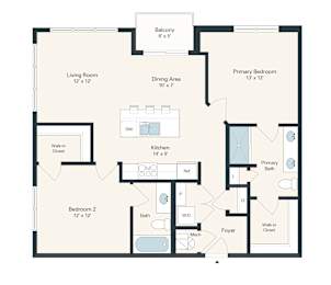 A floor plan for a 2 bedroom apartment with a living room, dining area, kitchen, and bathroom.