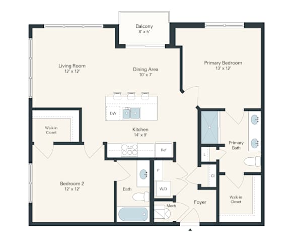 A floor plan for a 2 bedroom apartment with a living room, dining area, kitchen, and bathroom.