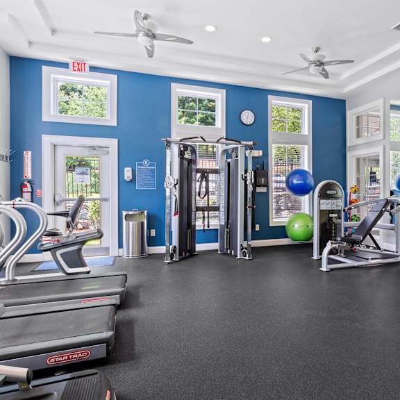a gym with cardio equipment and weights in a building with blue walls