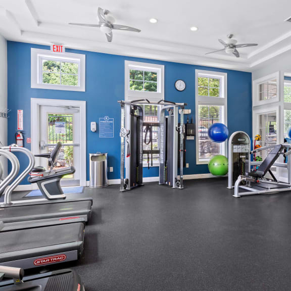 a gym with cardio equipment and weights in a building with blue walls