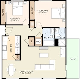 A floor plan of a 325 Laurel unit showing a living room, kitchen, two bathrooms, a dining room, and a bedroom.
