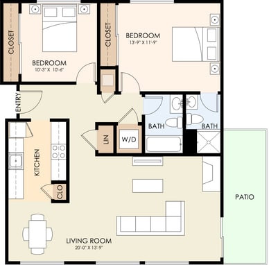 A floor plan of a 325 Laurel unit showing a living room, kitchen, two bathrooms, a dining room, and a bedroom.