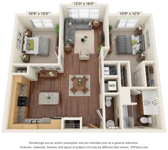 2 bed 2 bath floor plan F at Preserve at Peachtree Shoals 55+ Apartments, Dacula, GA