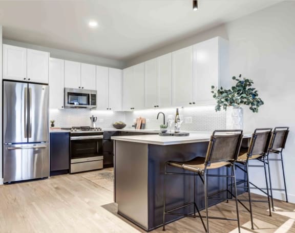 Spacious Kitchen with Quartz Countertops and Stainless Steel Appliances at North+Vine in Chicago
