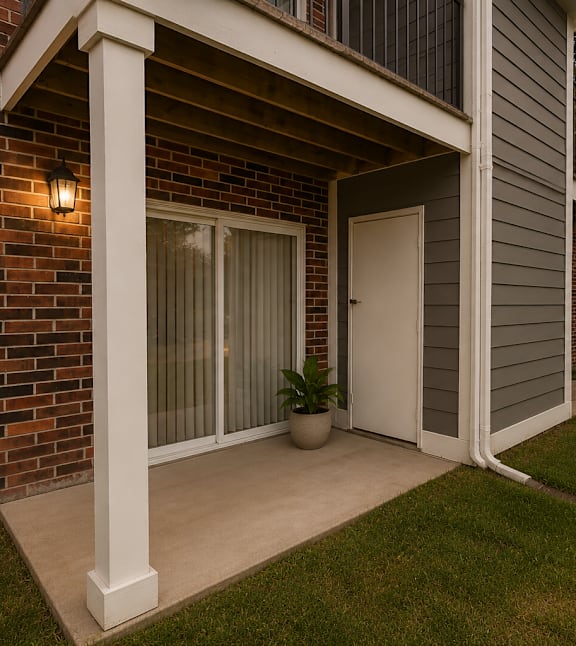 A house with a white door and a small plant on the porch.