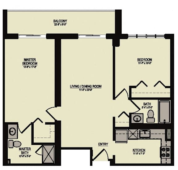 A floor plan of a house with a master bedroom, living/dining room, kitchen, and bathrooms.
