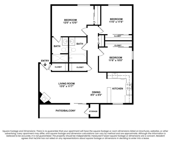 Reveal Three Bed Two Bath 2D Floor Plan