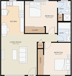 A ranchero palms floor plan with a living room, dining room, kitchen, and bathrooms.