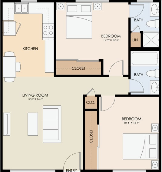 A ranchero palms floor plan with a living room, dining room, kitchen, and bathrooms.