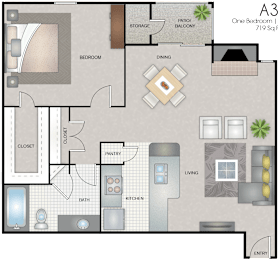 A floor plan of apartment A3 with labeled rooms.