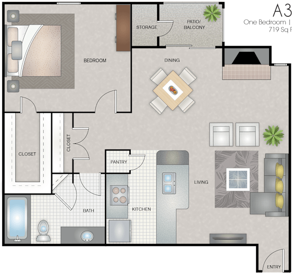 A floor plan of apartment A3 with labeled rooms.