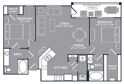 Two-Bedroom Floor Plan at Mansions at Spring Creek, Texas, 75044