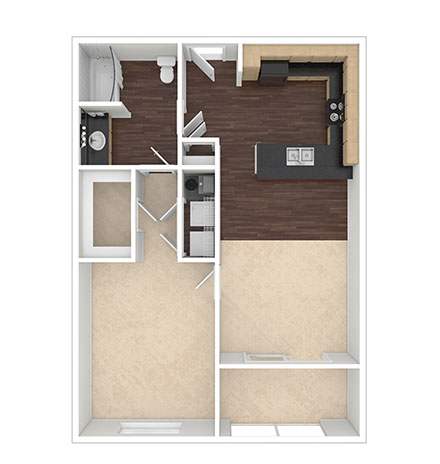 A drawing of a room with a bed, desk, and chair.