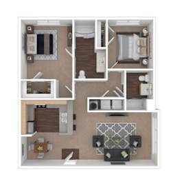 A floor plan of a house with a kitchen, living room, and two bedrooms.
