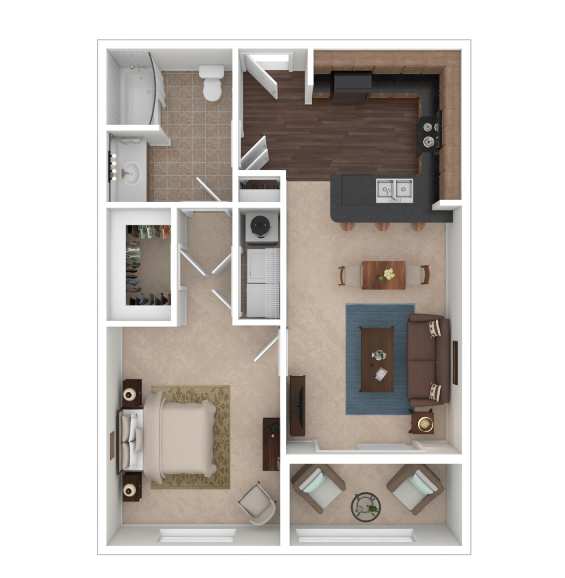 A floor plan of a small apartment with a kitchen, living room, and bathroom.