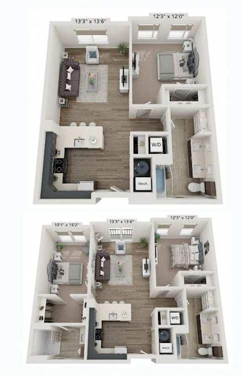 A floor plan of a small apartment with a living room, kitchen, and bathroom.