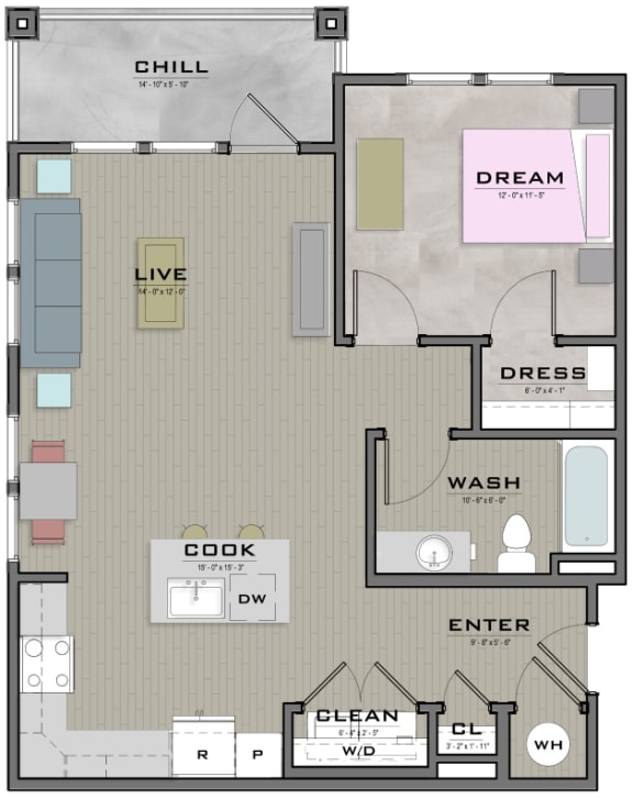a floor plan of a bedroom apartment with a bathroom and a living room