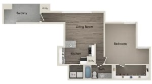 a split floor plan with a bedroom and a living room